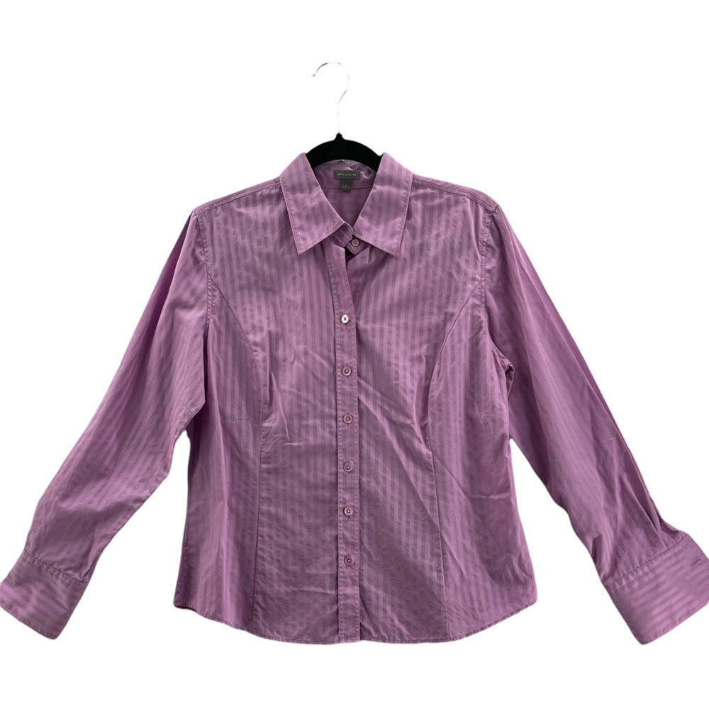 Ann Taylor Womens Button Front‎ Shirt Purple Striped Long Sleeve 100% Cotton L